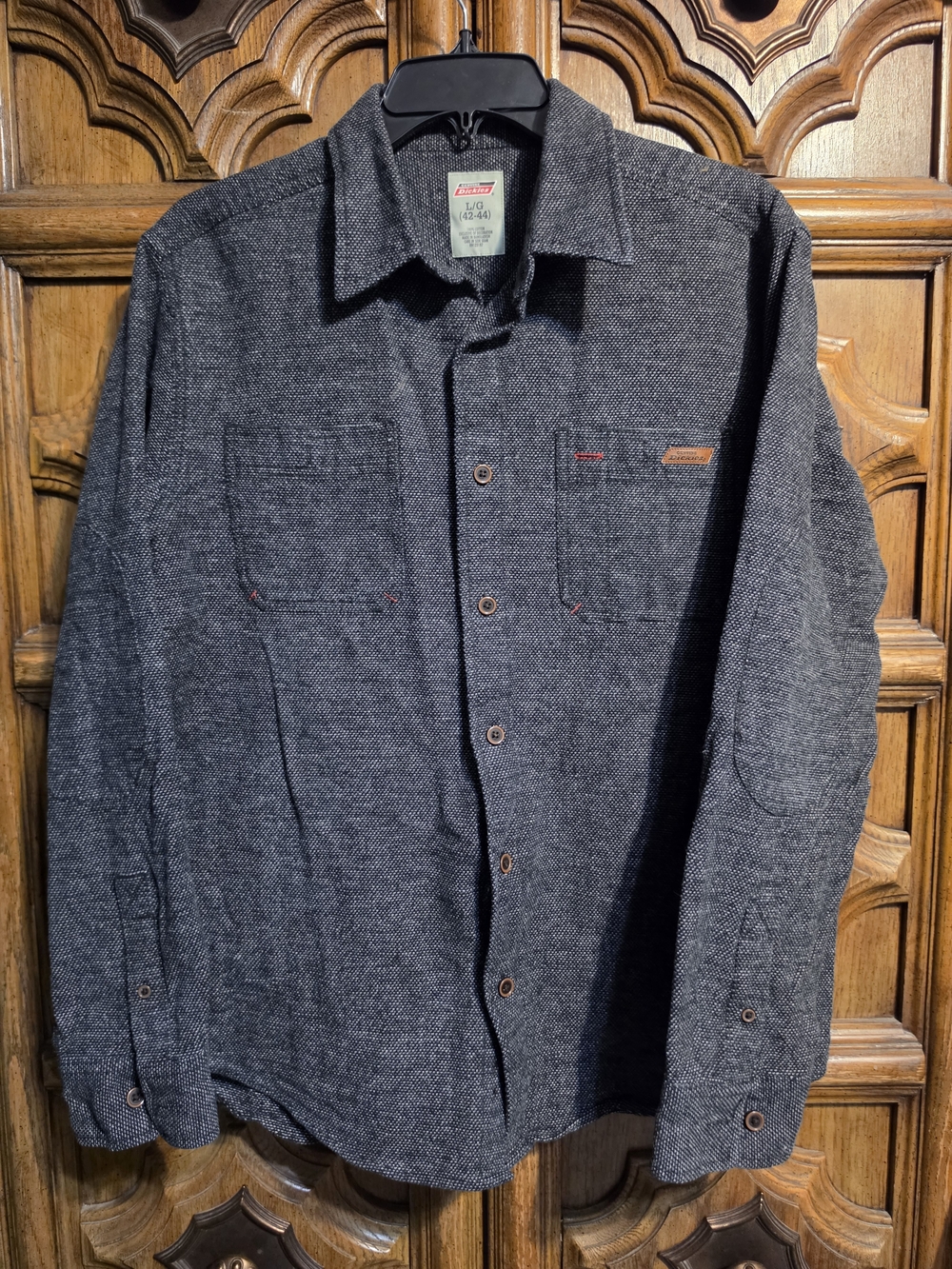 Dickies Mens L Grey Textured Tweed Heavyweight Canvas Work Shirt Long Sleeve L/G
